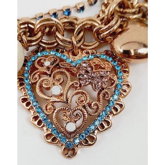 Betsey Johnson Rose Gold Tone Rhinestone  Faux Pearl Blue Beads Stretch Bracelet - Picture 2 of 11